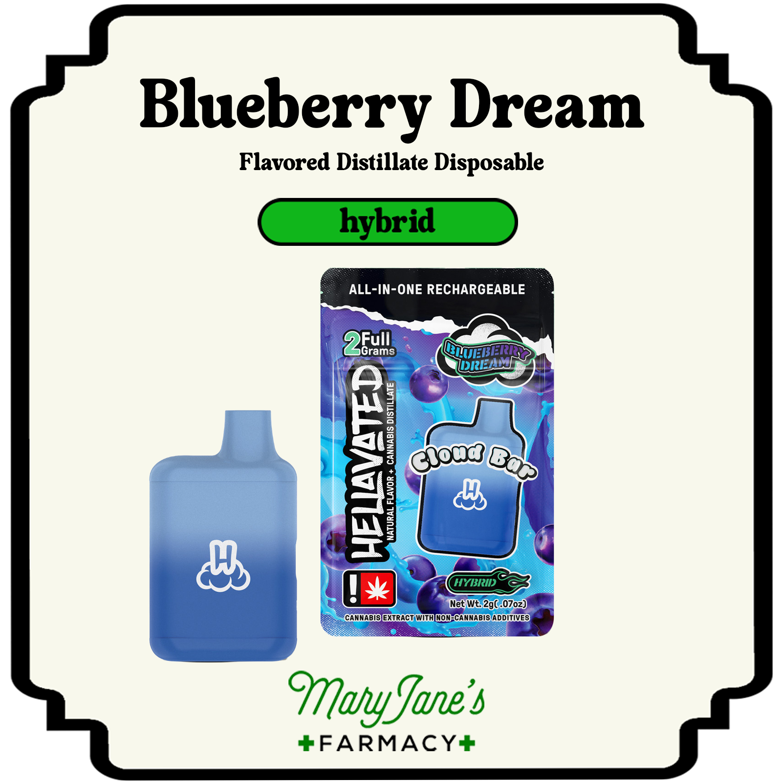Photograph of product: Blueberry Dream Flavored Distillate Disposable Cloud Pod | 2g