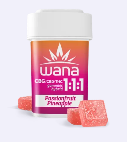 Photograph of product: Wana   Passionfruit Pineapple 1:1:1   100mg THC 100mg CBG 100mg CBD Gummies