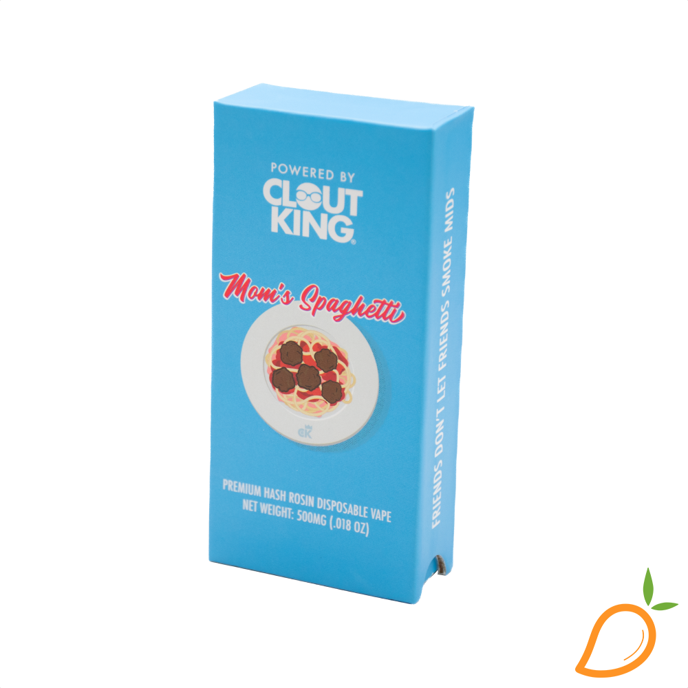 Photograph of product: 0.5g Mom's Spaghetti Live au chocolat Rosin Disposable Vape Clout King