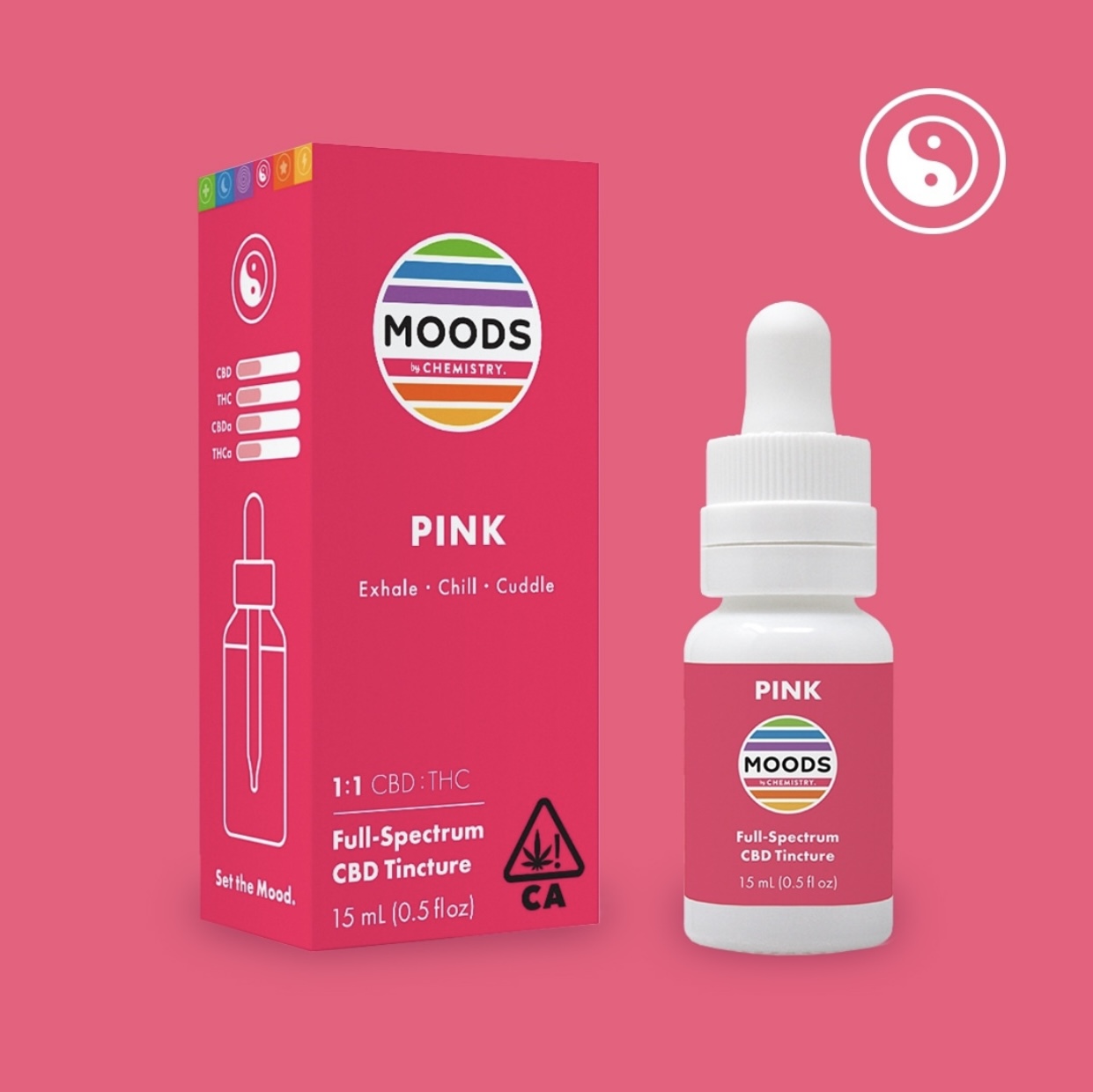 Photograph of product: Moods 1:1 CBD:TH-oui Pink Tincture