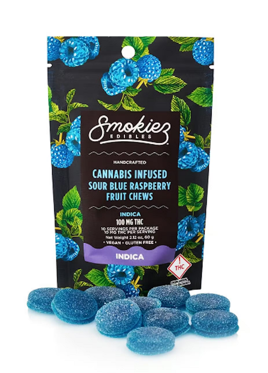 Photograph of product: Smokiez Sour Blue Raspberry Gummies 100mg