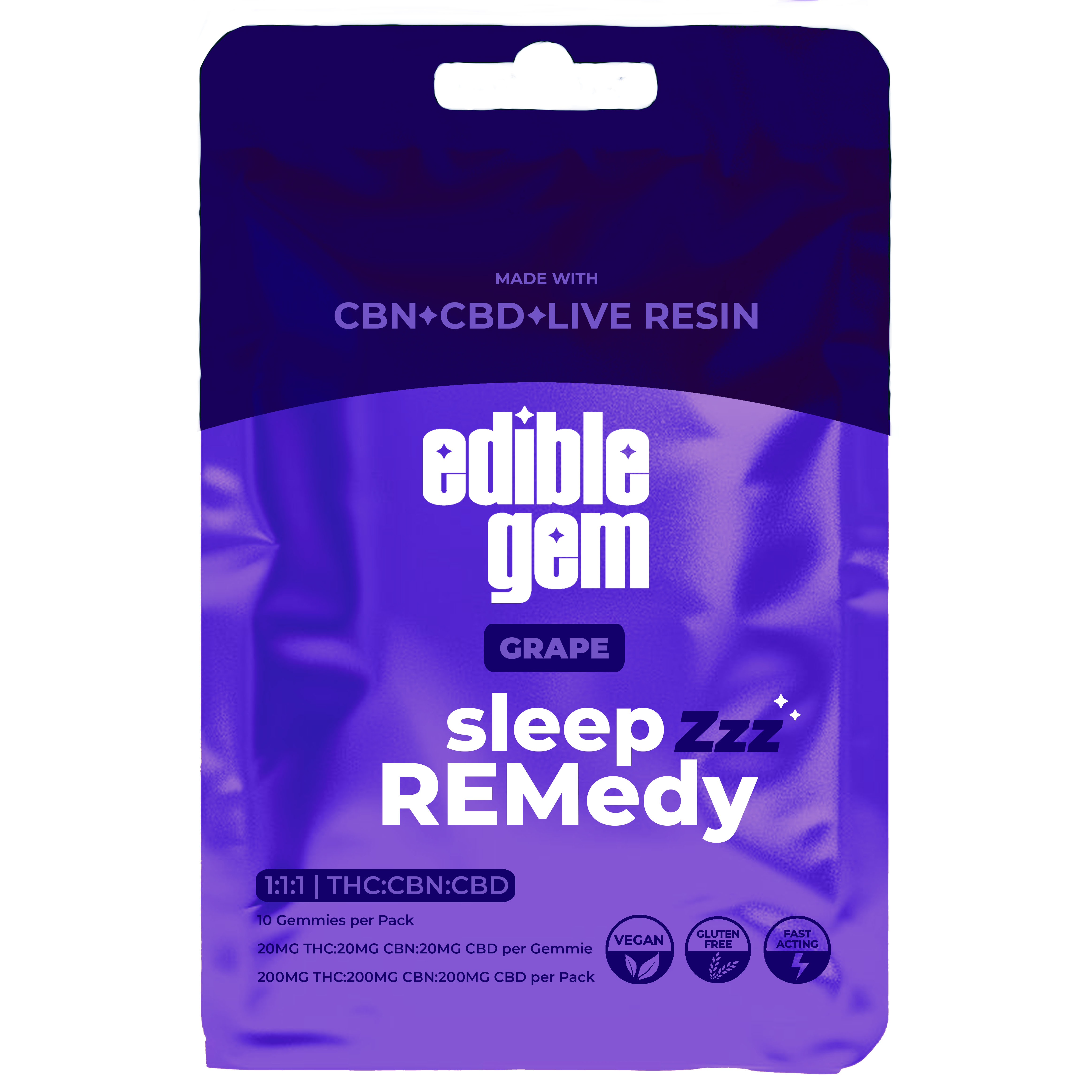 Photograph of product: Edible Gem - Grape 1:1:1 TH-oui:CBD:CBN Live Resin Gummies 200mg