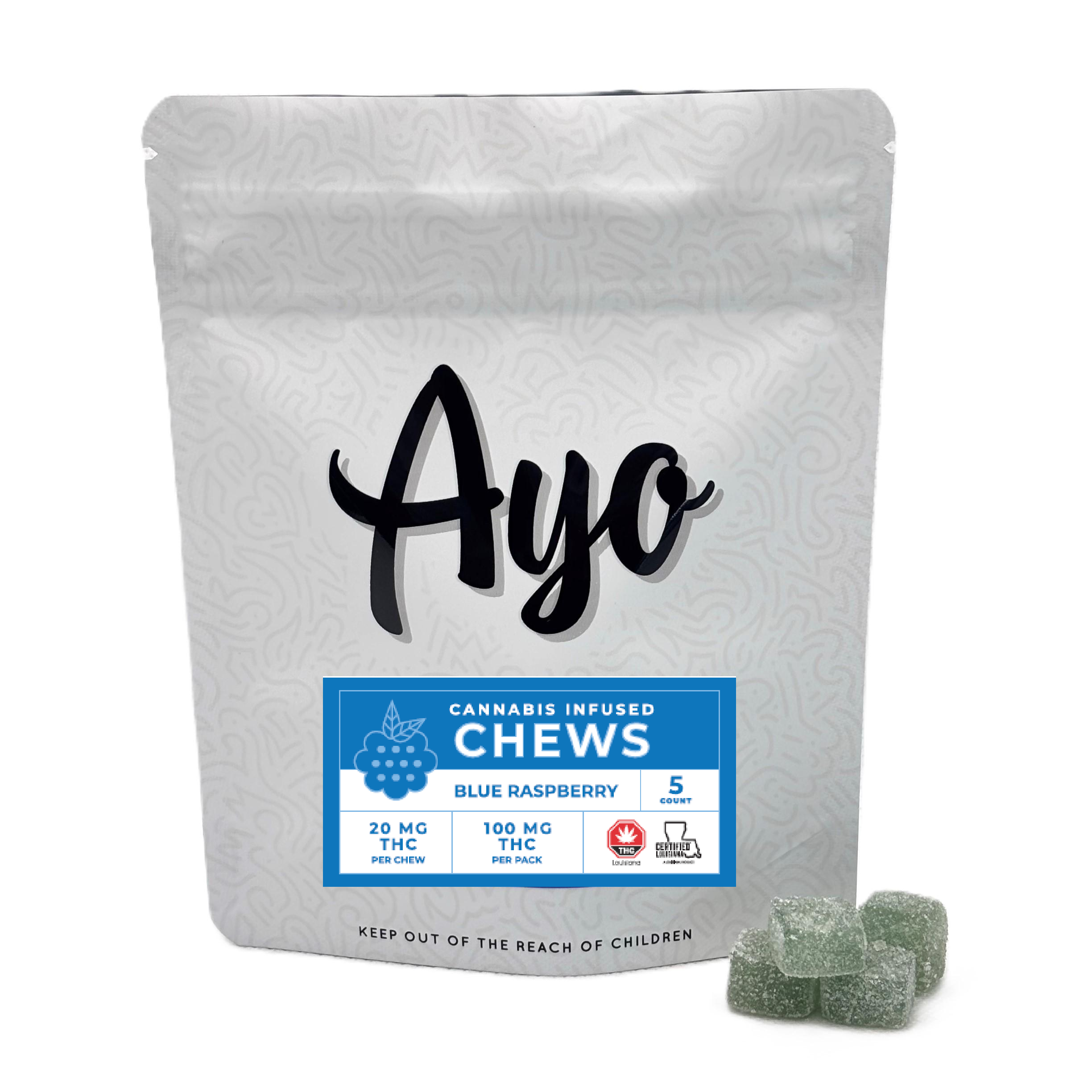 Photograph of product: BLUE RASPBERRY | AYO | GUMMY | 20MG | 5 PACK