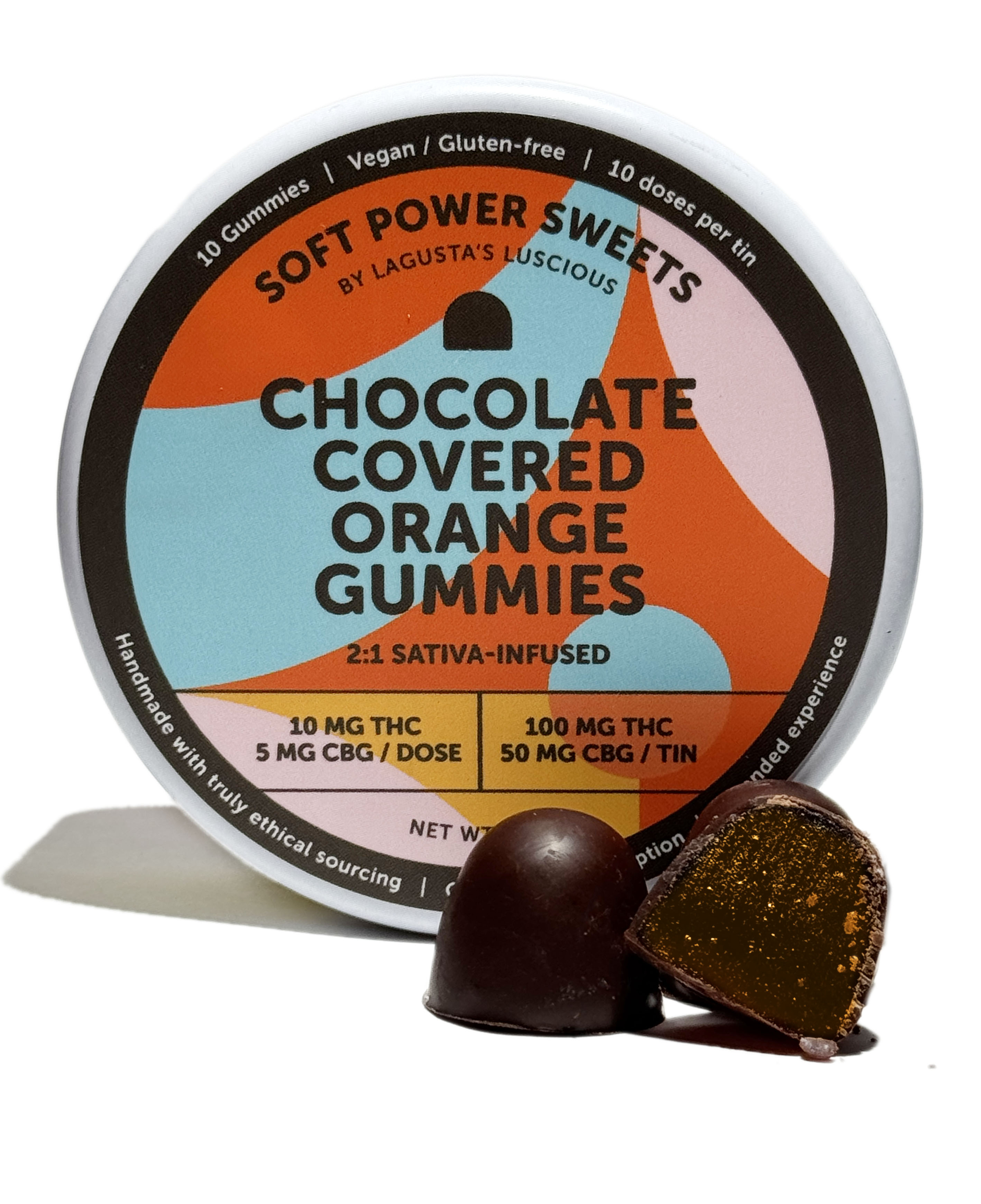Photograph of Product: Soft Power Sweets | Sativa | Chocolate Covered Orange Gummies | 2:1 | THC:CBG | 100mg