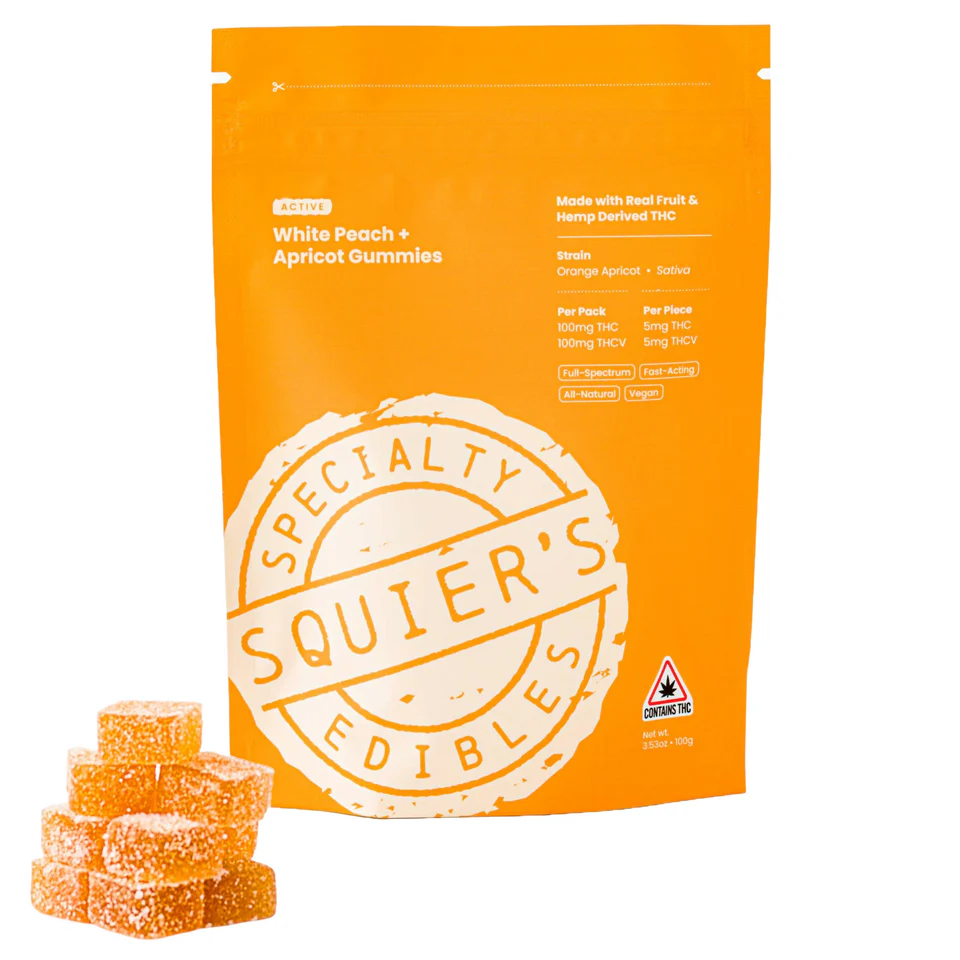 Photograph of product: Squier's White Peach and Apricot Active Blend 100mg Gummies