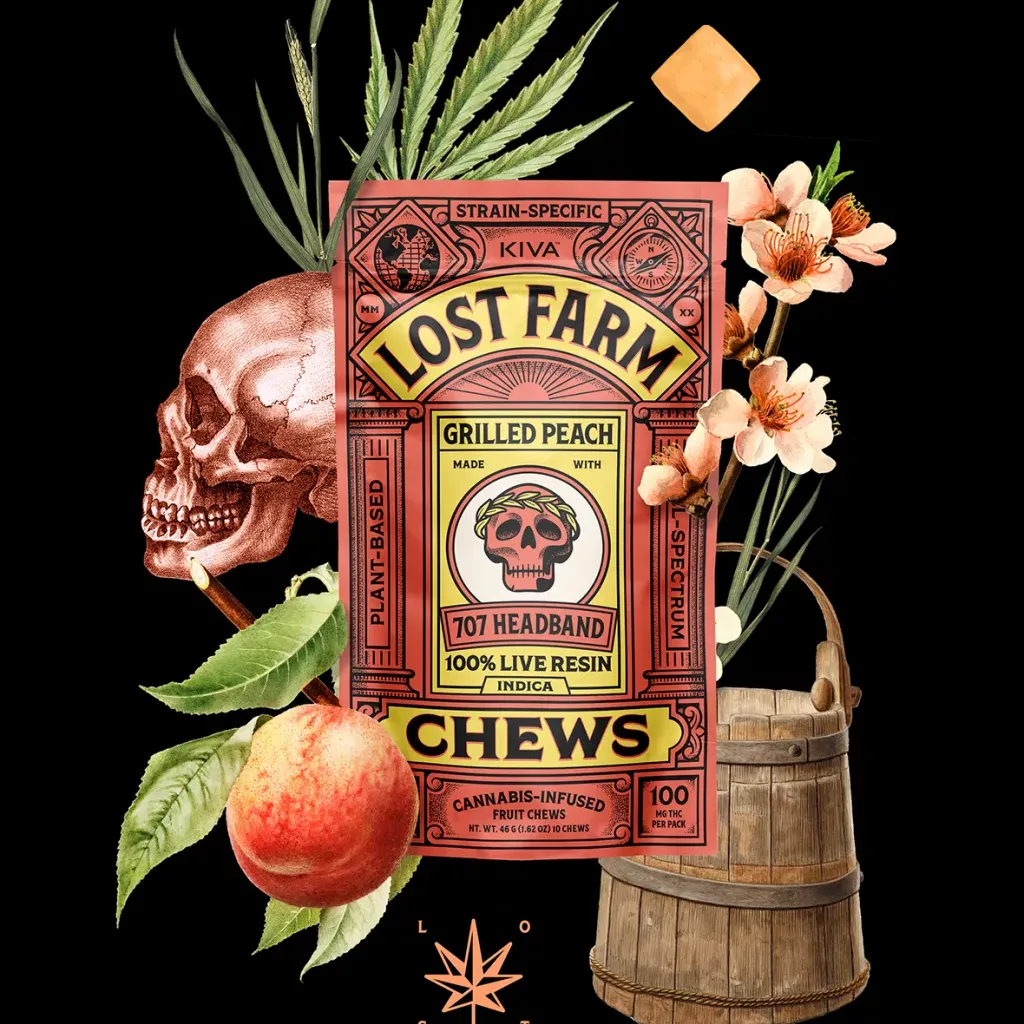 Photograph of product: Lost Farm Chews - Grilled Peach (707 Headband) (Indica) 100mg 10ct