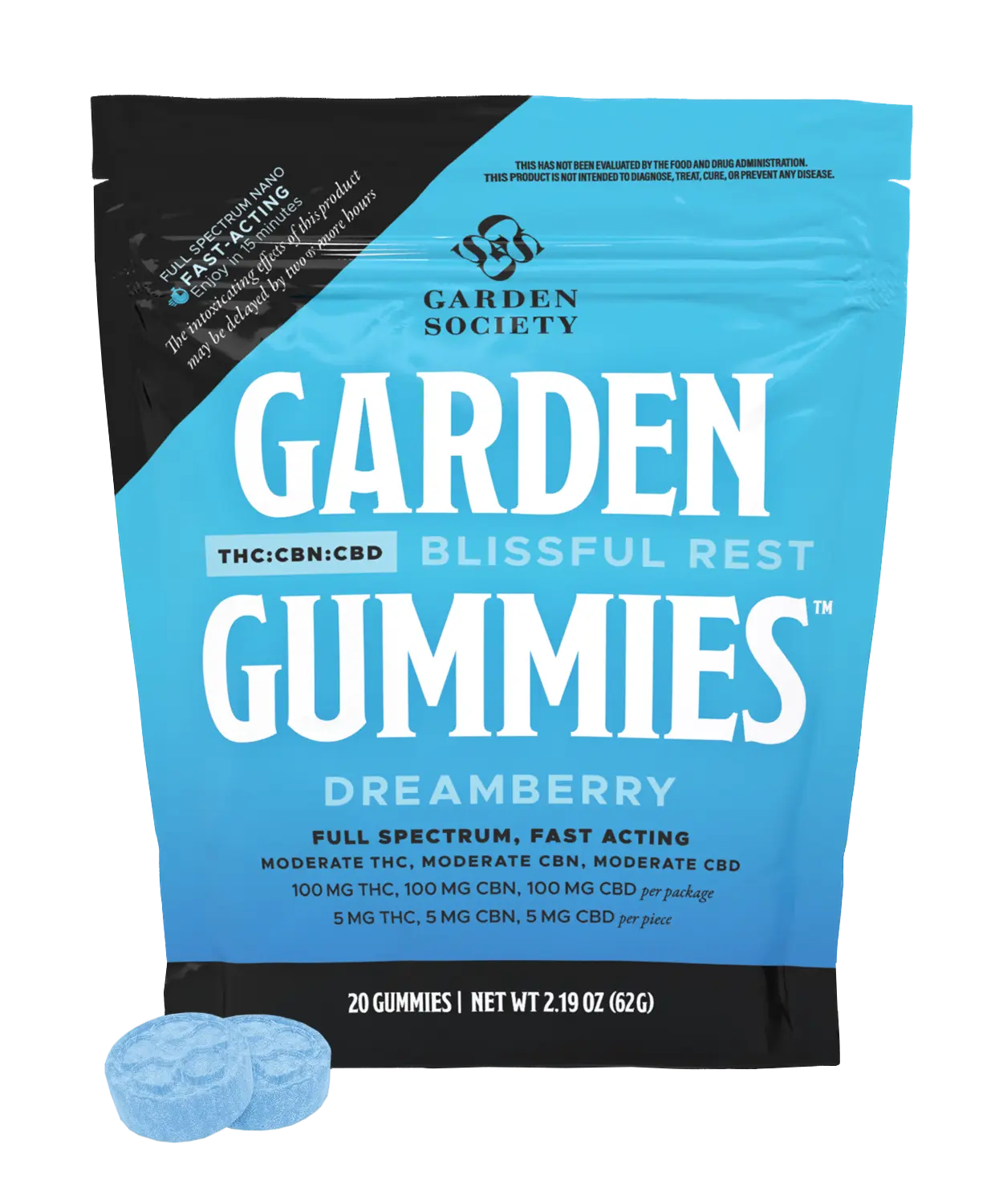 Photograph of product: Garden Society Gummies 20pk/100mg- Dreamberry 1:1:1 (TH-oui:CBD:CBN)
