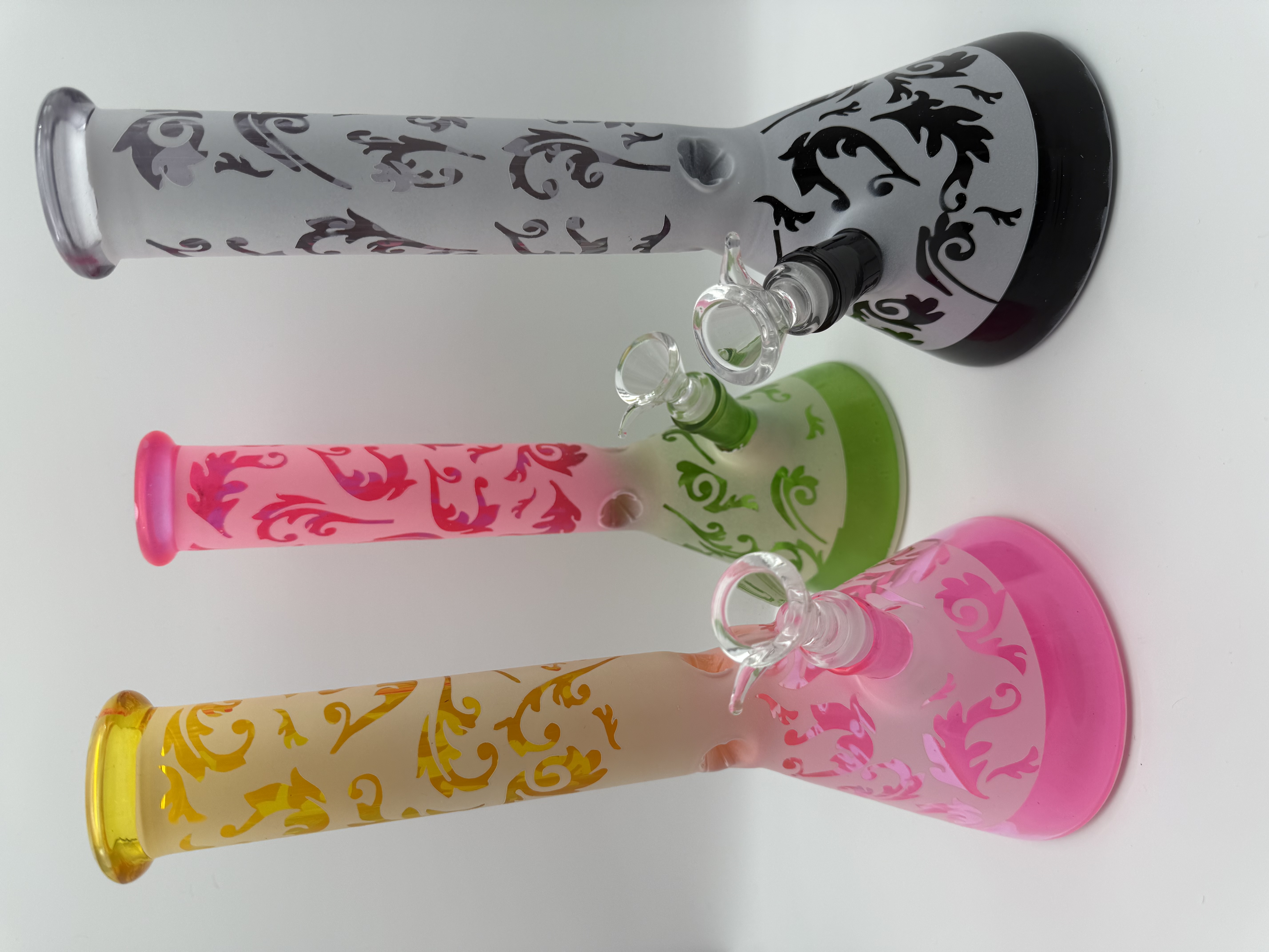 Photograph of product: Ombre Floral Two Color Etched Frosted Glass Bong