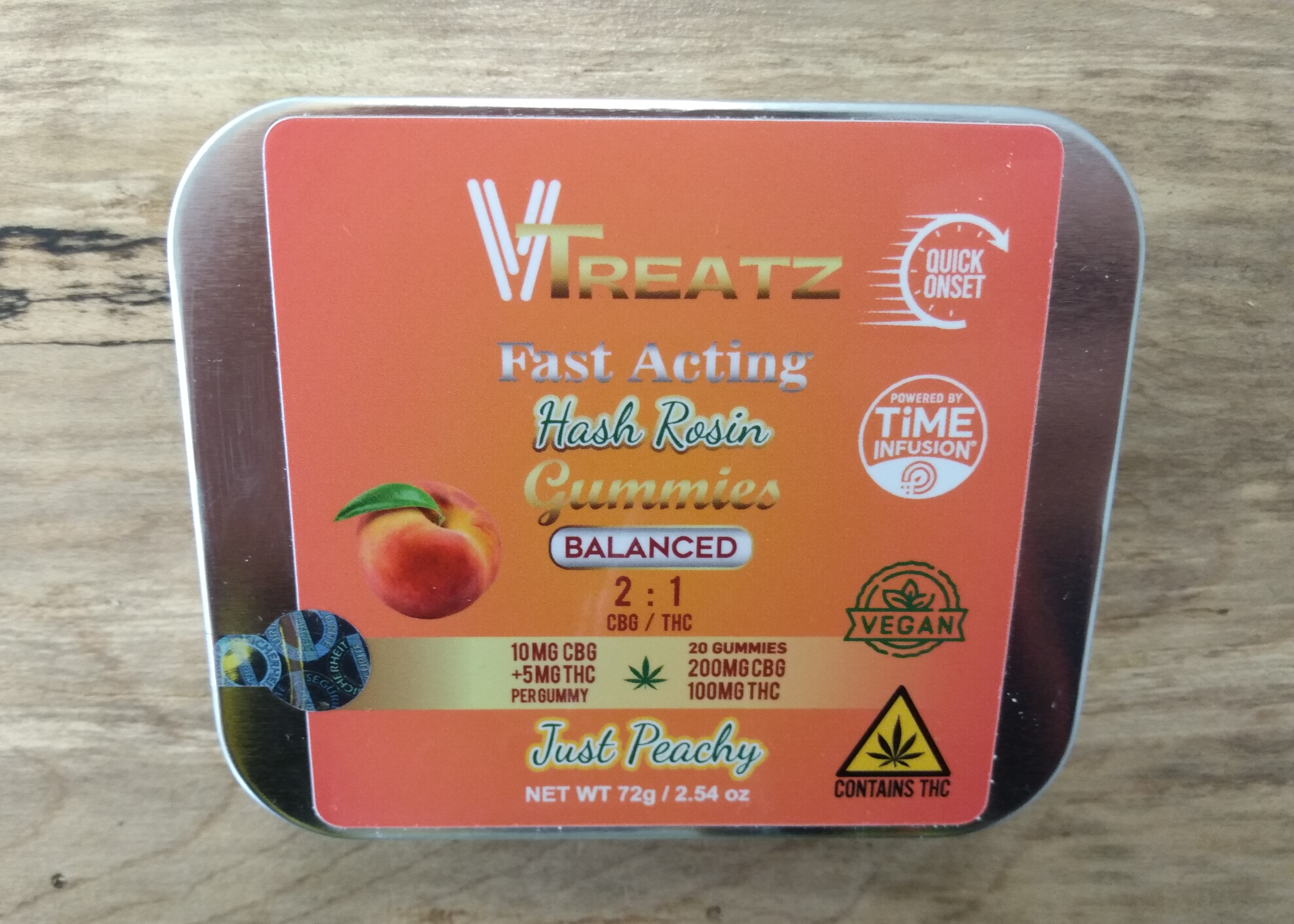 Photograph of product: VTreatz |  Just Peachy 2:1 Gummies  | Edibles | 5mg TH-oui x 10mg CBG x 20