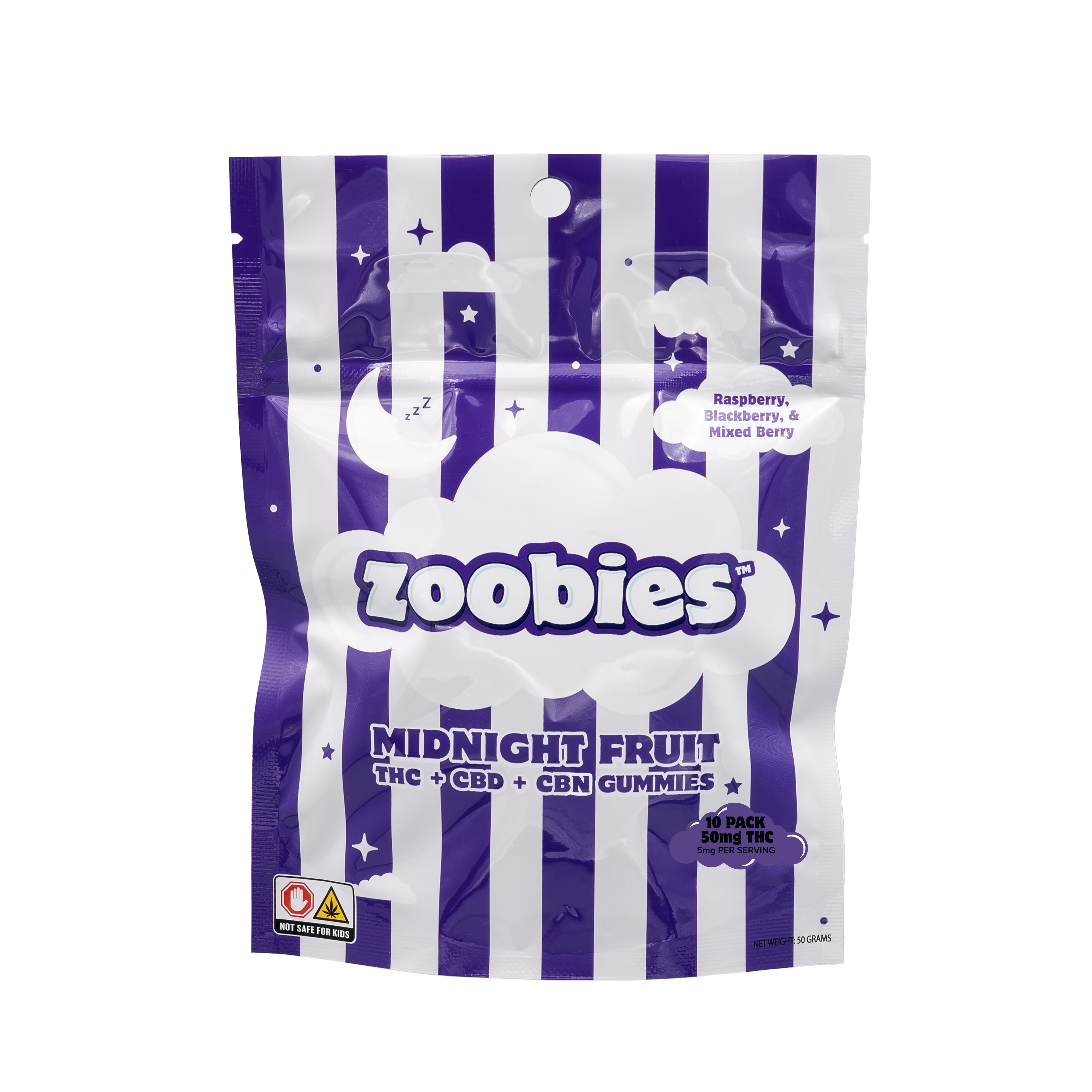 Photograph of product: Zoobies - Midnight Fruit 1:1:1 TH-oui/CBD/CBN - Gummies - 10-Pack (150mg)