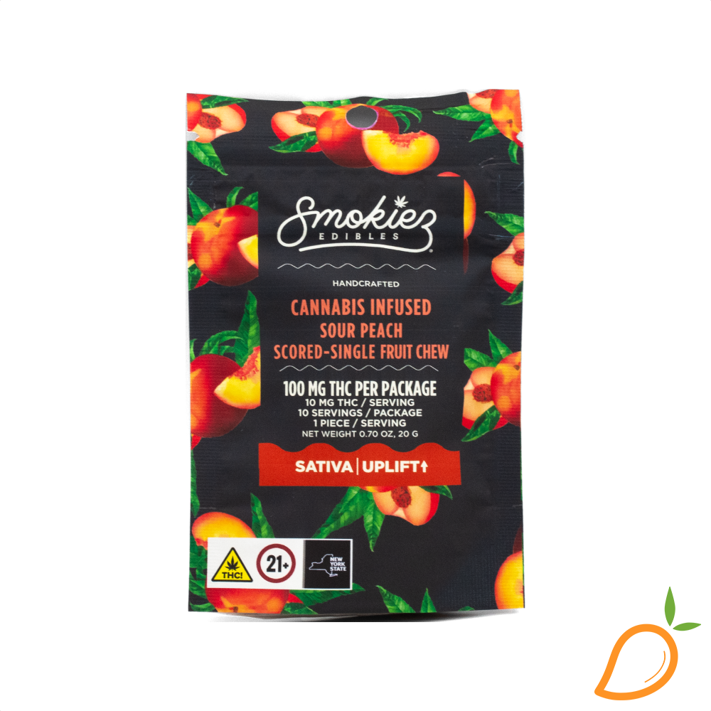Photograph of product: 100mg Sour Peach Oui'd Single Serve Gummy Smokiez