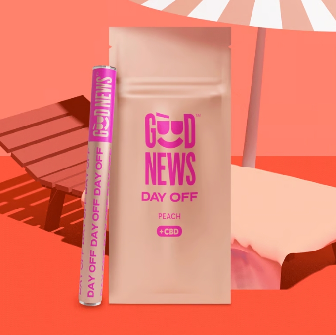 Photograph of product: Disposable Pen | Good News | Day Off [Peach] [2:1 TH-oui/CBD] [Distillate]