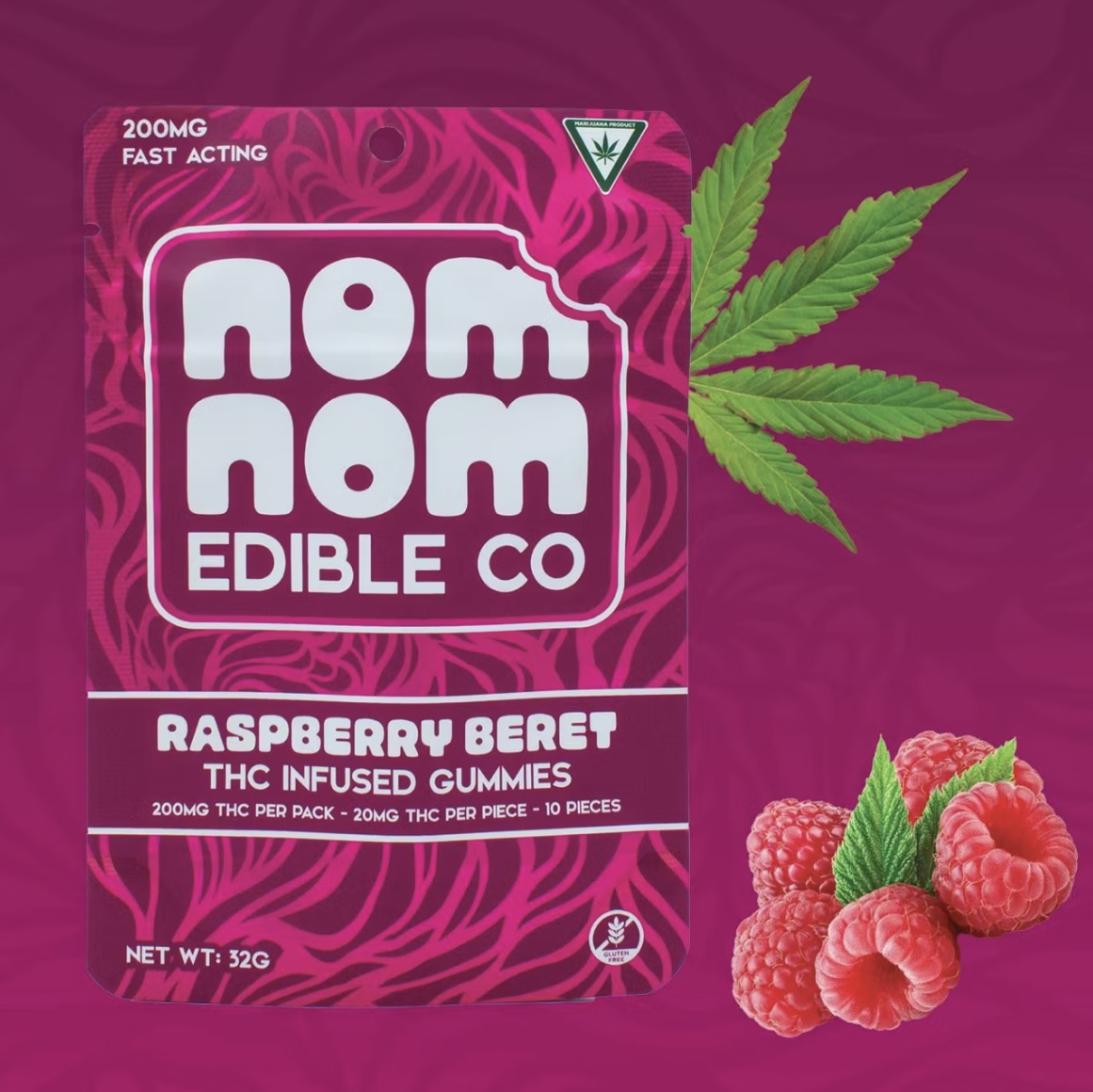 Photograph of Product: AU Nom Nom: Raspberry Beret 200mg Gummie