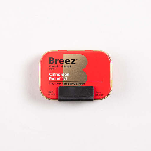 Photograph of product: BREEZ Mints 100mg: Cinnamon Relief 1:1 TH-oui:CBD 20pc