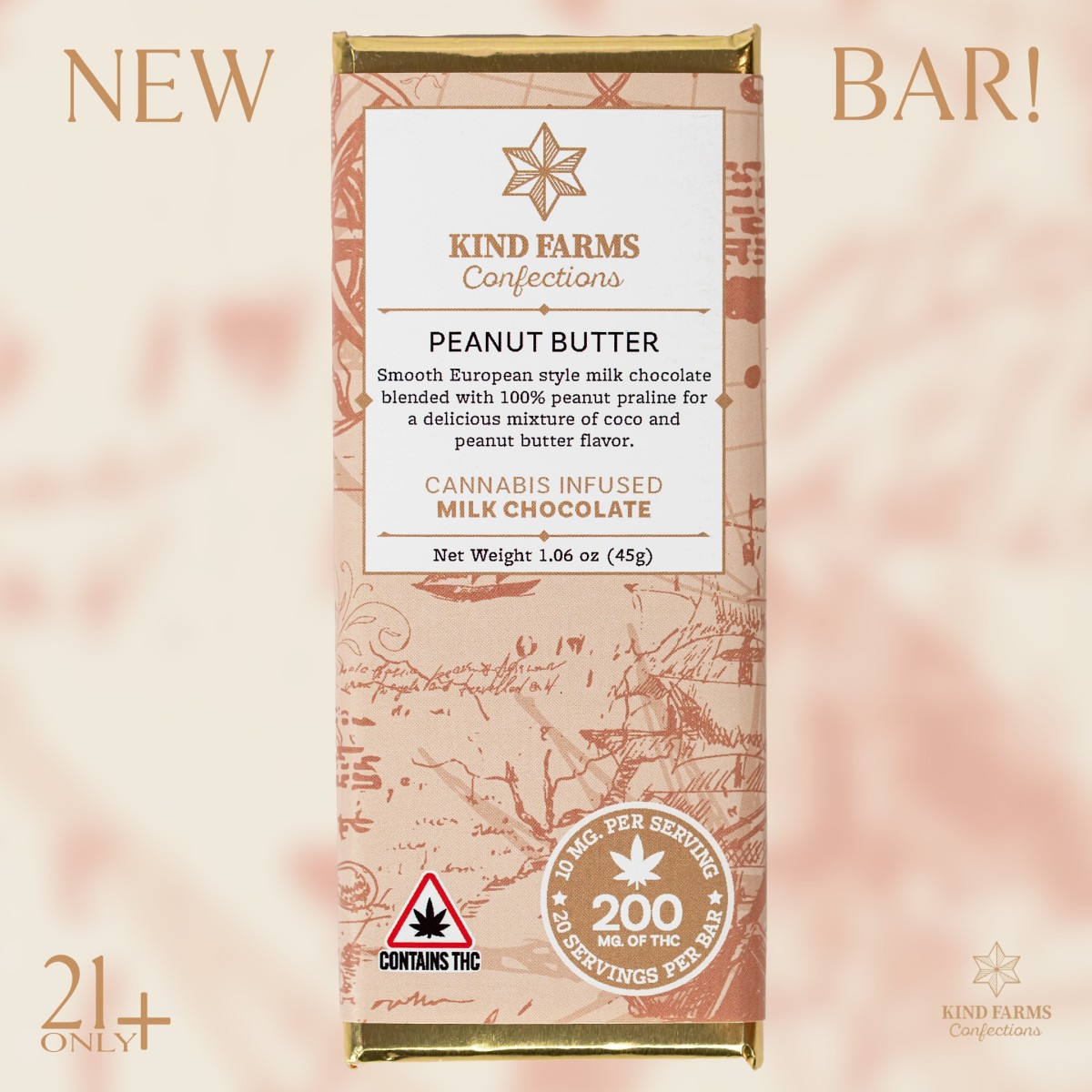 Photograph of product: Kind Farms Confections - Peanut Butter Chocolate Bar (200MG)