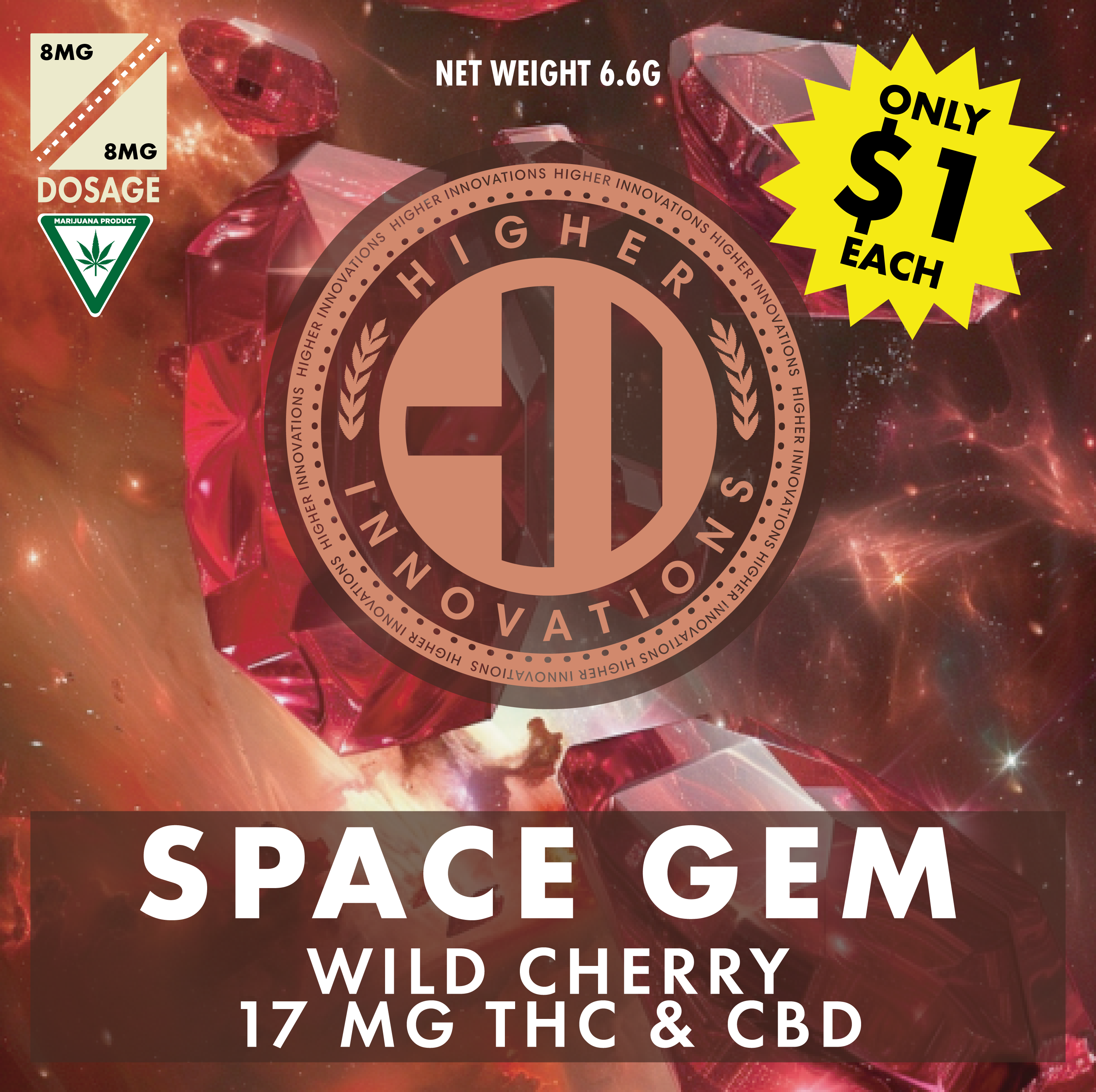 Photograph of product: Higher Innovations | Wild Cherry 1:1 TH-oui/CBD 17mg Space Gem Single