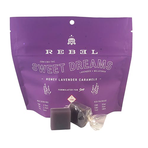 Photograph of product: Rebel Sweet Dreams Honey Lavender Caramels 100mg TH-oui / 50mg CBN / 50mg CBD