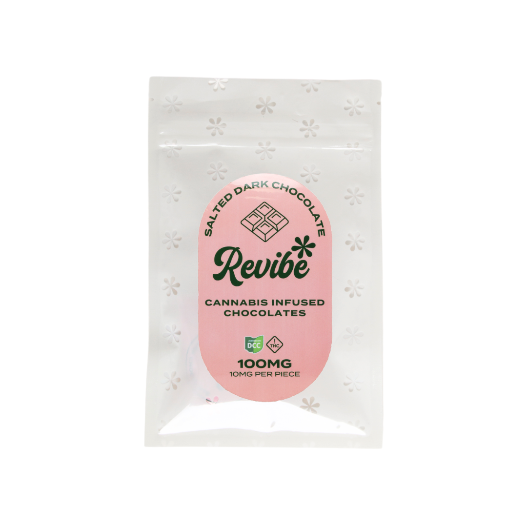 Photograph of product: Revibe - Salted Dark Chocolate Squares 10pk - 100mg