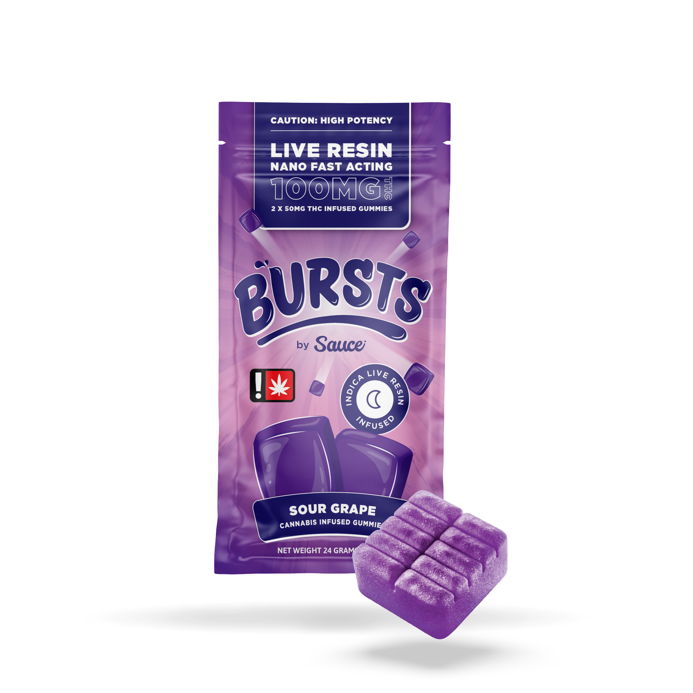 Photograph of product: Gummy ~ Bursts ~ 100mg ~ 2pc ~ Sour Grape