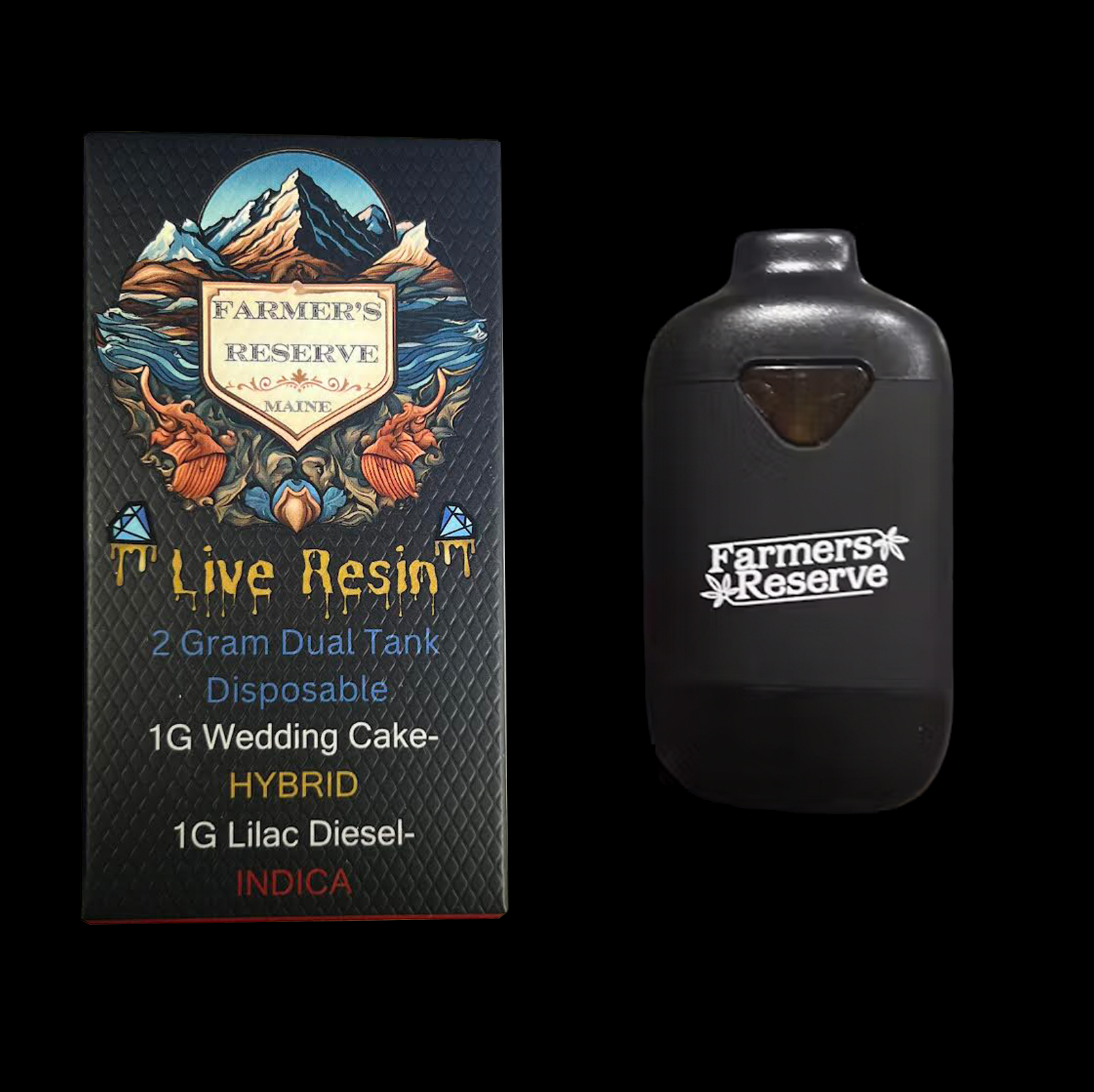 Photograph of product: Farmers Reserve Live Resin Dual Tank Disposable Cart. Wedding Cake x Lilac Diesel 2 G