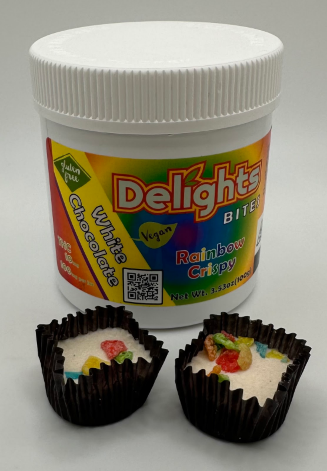 Photograph of product: DELIGHTS BITES - WHITE CHOCOLATE RAINBOW CRISPY - 10mg 10pk