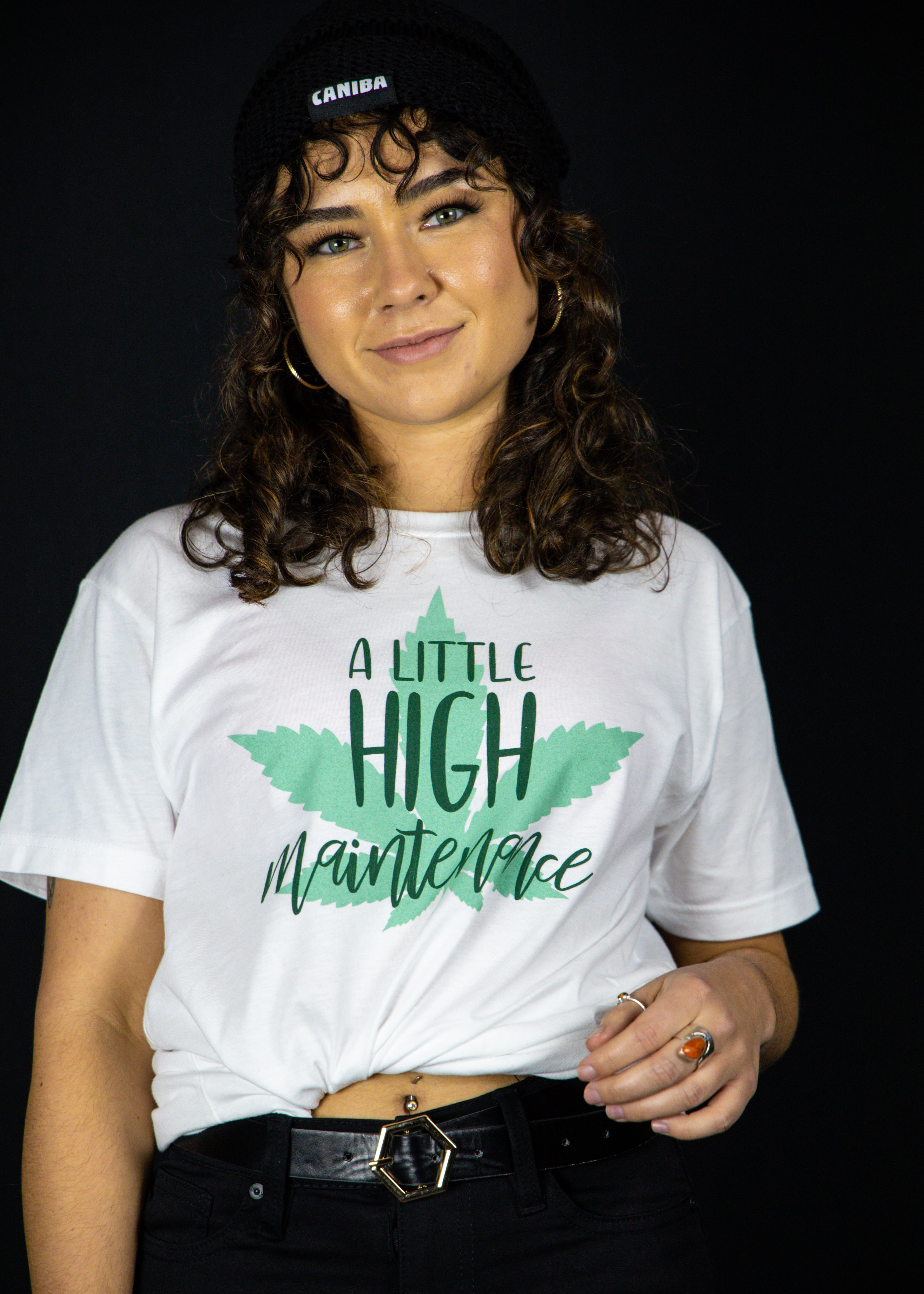 Photograph of product: T-Shirt. XS. White. A Little High Maintenance. Caniba