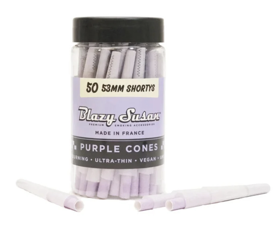 Photograph of product: BLAZY SUSAN SHORTYS PURPLE 50PK PRE ROLLED CONES
