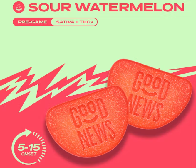 Photograph of product: Ratio Edible - Good News - Pre-Game Sour Watermelon gummies (S) - 1:2 TH-oui:TH-ouiV 100mg (10pk)