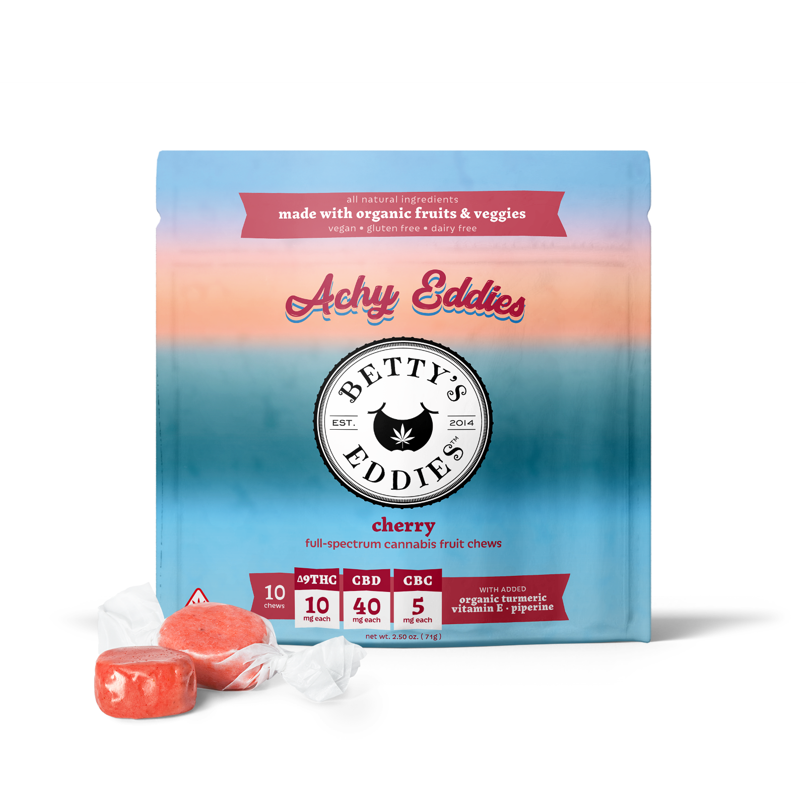 Photograph of product: Betty's Eddies Chews (100mg) Achy Cherry 10ct