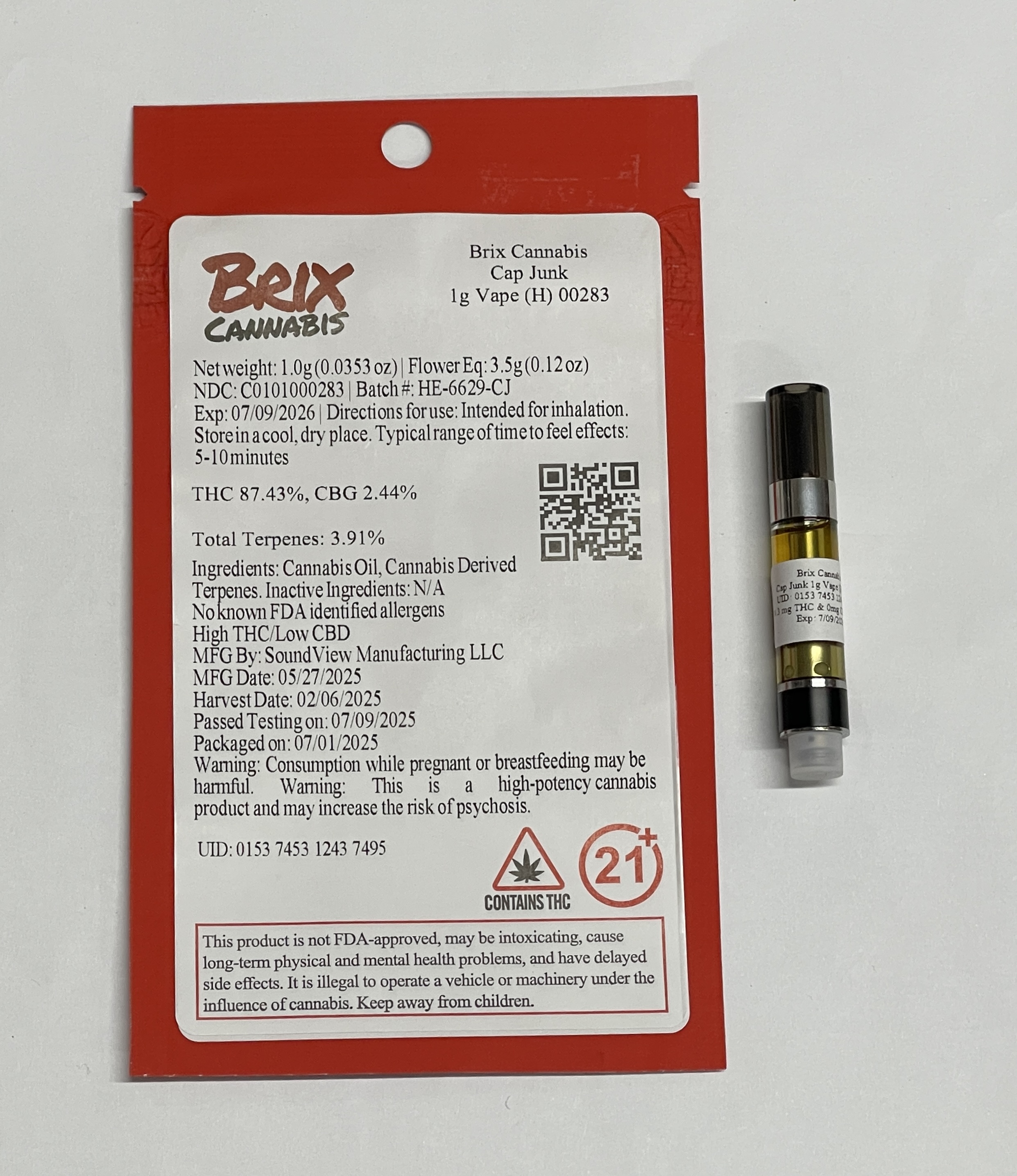 Photograph of product: Cap Junk | 1g 510 Cart (H) | 00283 | Brix