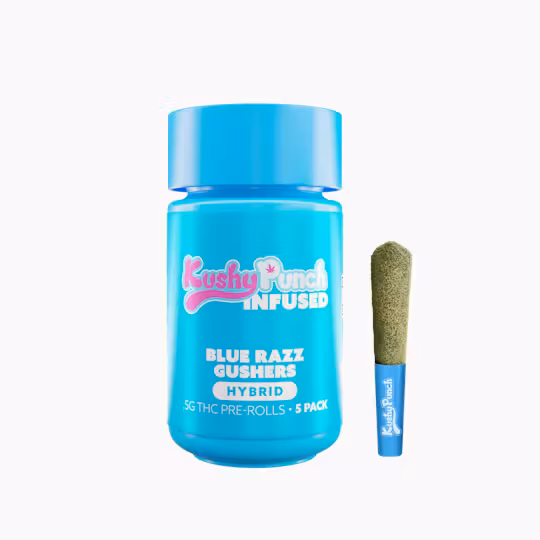 Photograph of Product: Kushy Punch: Infused Pre-Roll Pack | Blue Razz Gushers | 0.5g ea | 5pk