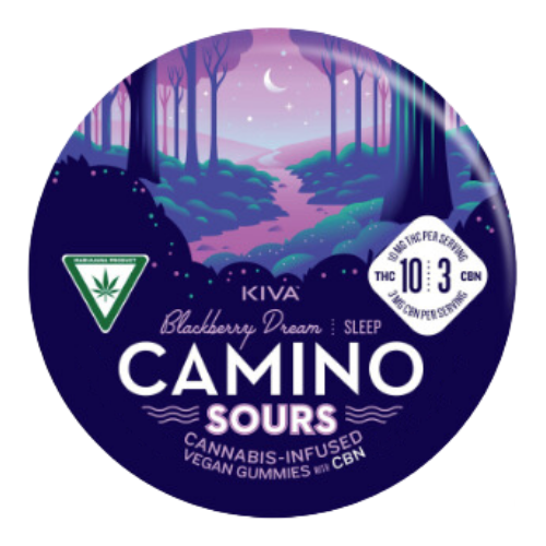 Photograph of product: Kiva Confections Camino Blackberry Dream Sour Gummies 200mg TH-oui : 200mg CBN : 200mg CBD