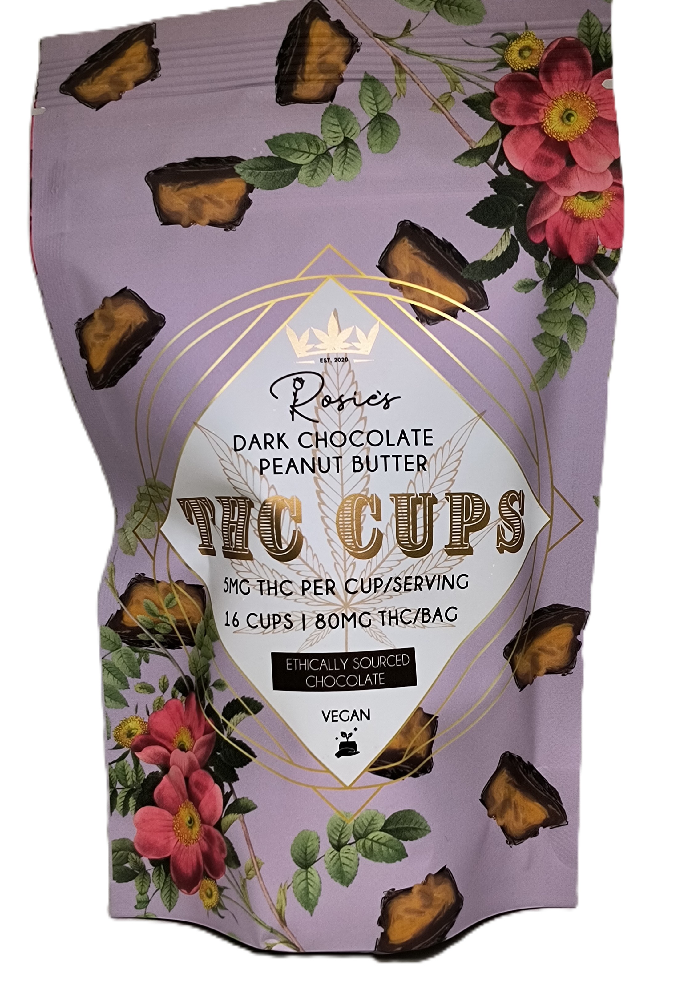 Photograph of Product: Dark Chocolate Peanut Butter Cup 16-Pack | 80mg THC | Rosie's Confections