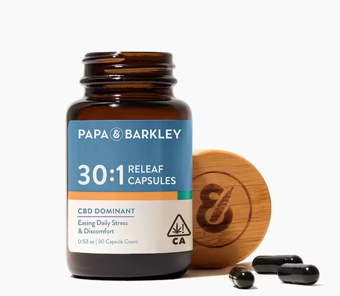 Photograph of product: Papa & Barkley 30:1 CBD:TH-oui Releaf Capsule 30pk 967mg