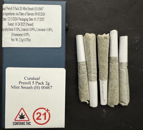 Photograph of product: Curaleaf Prerolls 5x0.4g Mint Smash (H)
