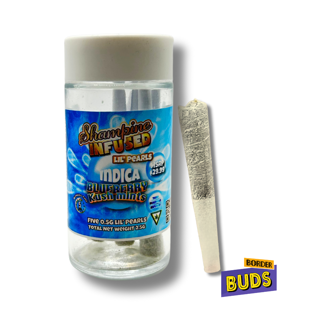 Photograph of product: Blueberry Kush Mints | Shampine | .5g x 5 | Infused Pre-Roll Pack