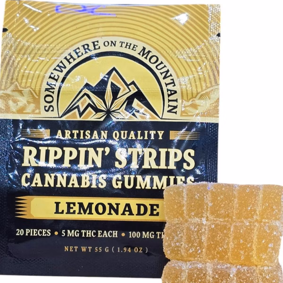 Photograph of product: Somewhere On The Mountain | Rippin' Strips | Lemonade | au chocolat Rosin | Gummies | 100MG (5MG ea)