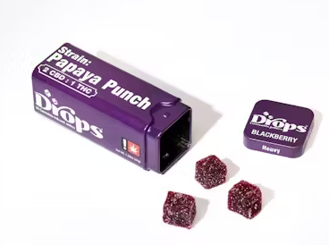 Photograph of product: Drops Blackberry Enhanced 2:1 CBD/TH-oui 5mg TH-oui 9.75mg CBD 20PK Live Rosin Infused Oui'd Jellies 100mg