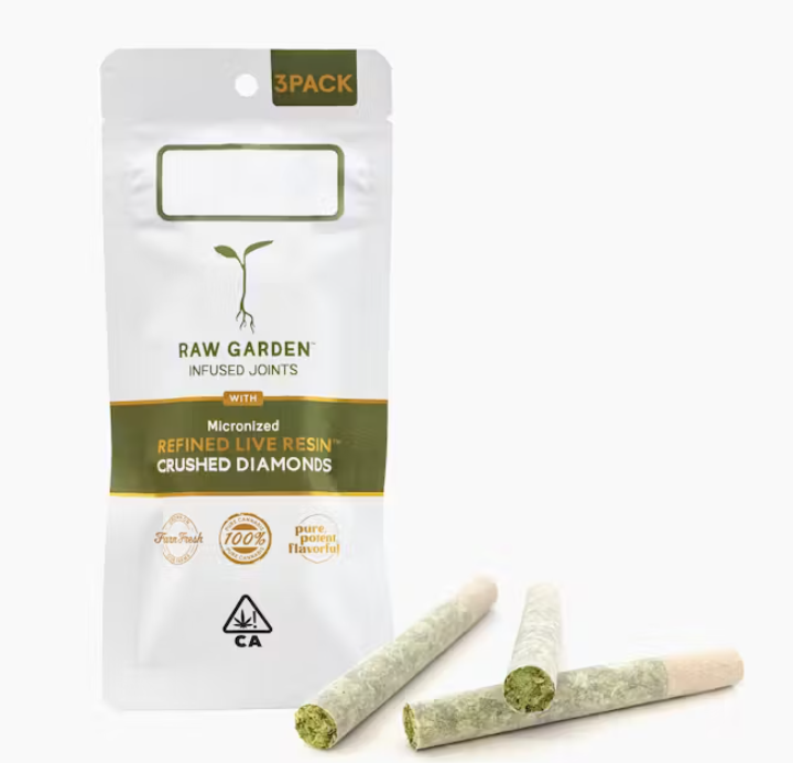 Photograph of product: Raw Garden Hazy Daze Crushed Diamond Infused Preroll 3pk 1.75g