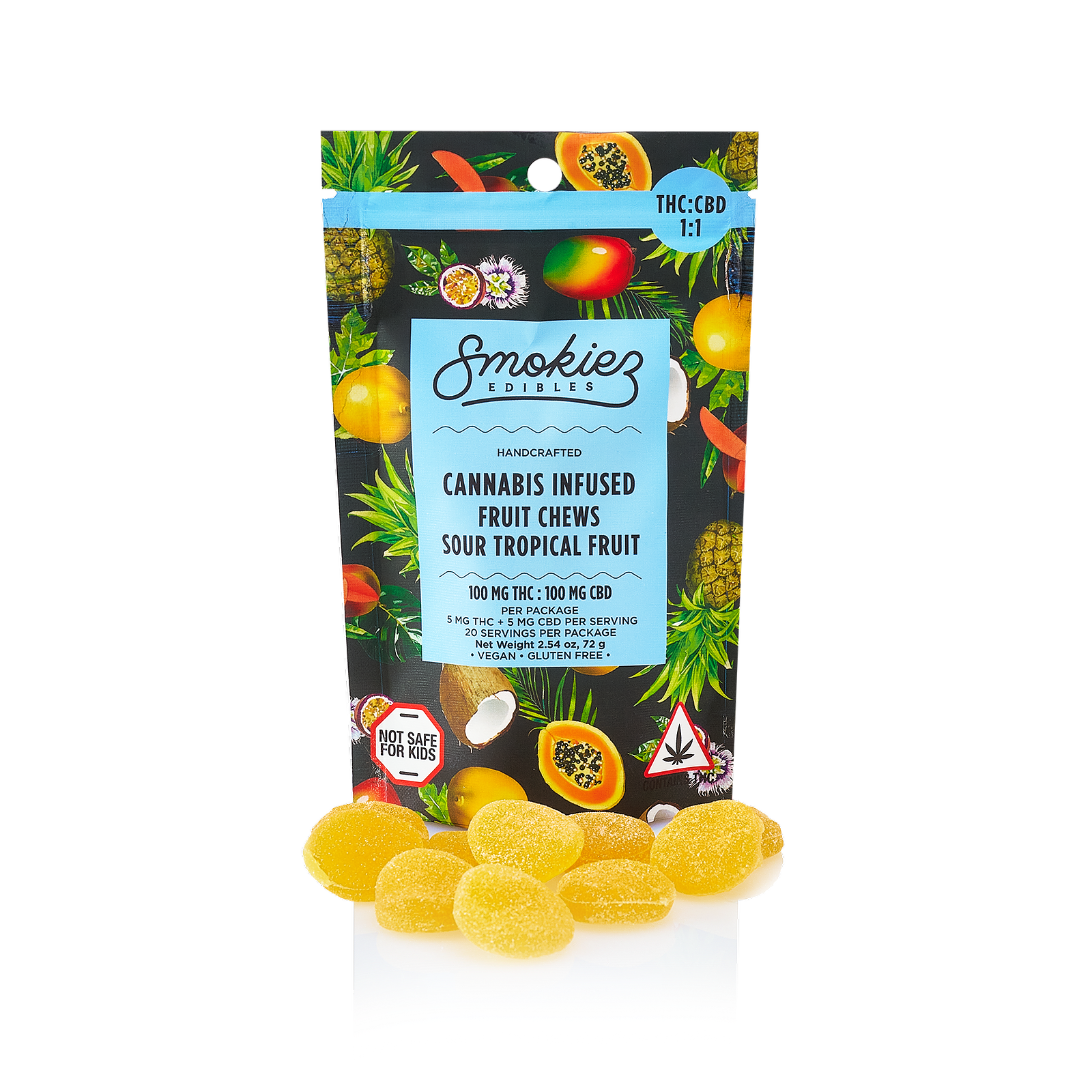 Photograph of product: Smokiez Sour Tropical Fruit 1:1 (TH-oui:CBD) Gummies 5mg 20pc