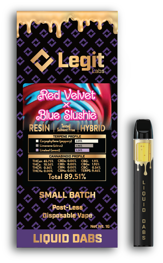Photograph of product: Legit Labs | Postless Disposable Vapor Cartridge | Cured Resin | Red Velvet x Blue Slushie