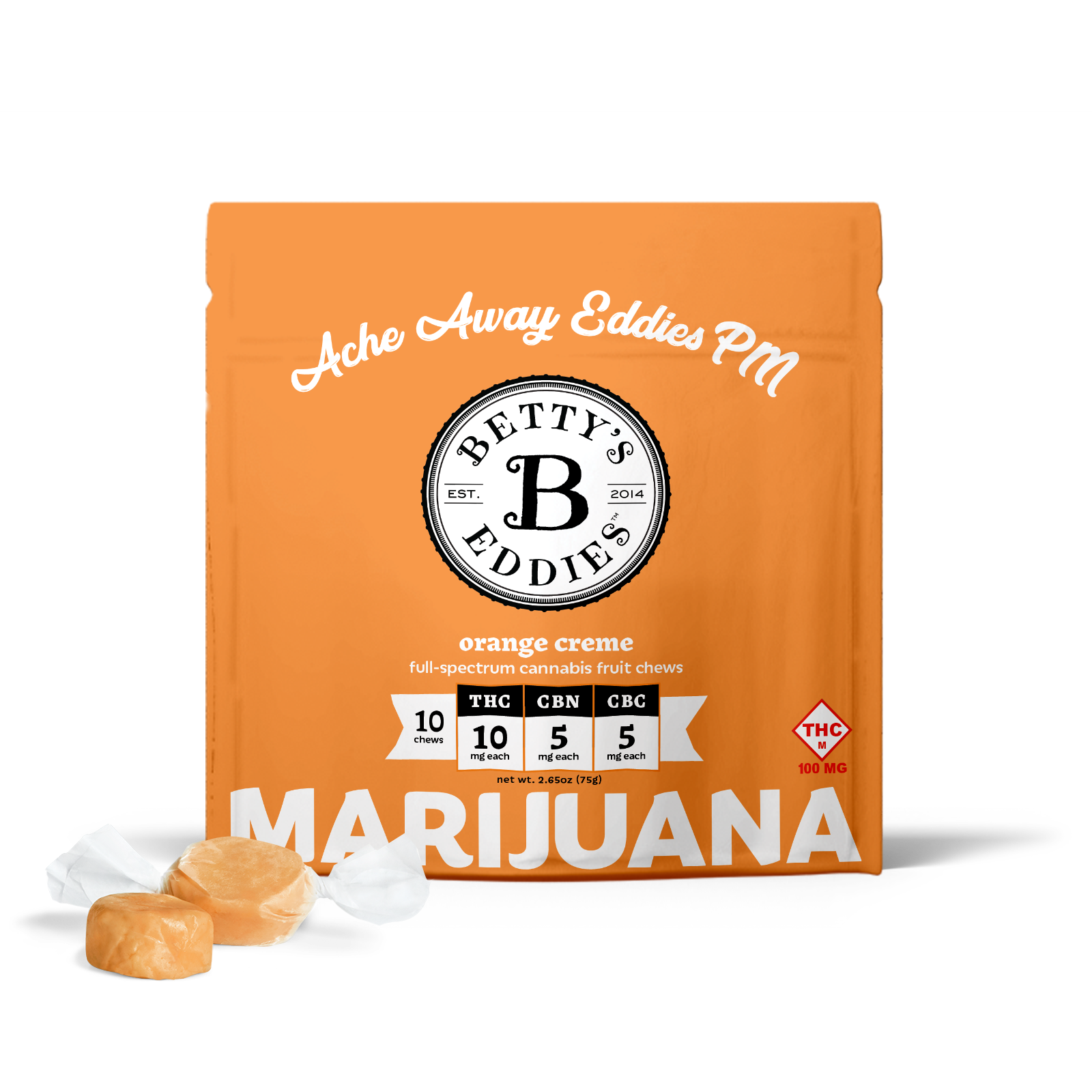Photograph of Product: Orange Creme | 50mg THC 5mg CBN 5mg CBC | 2pk | Fruit Chews | Betty's Edibles