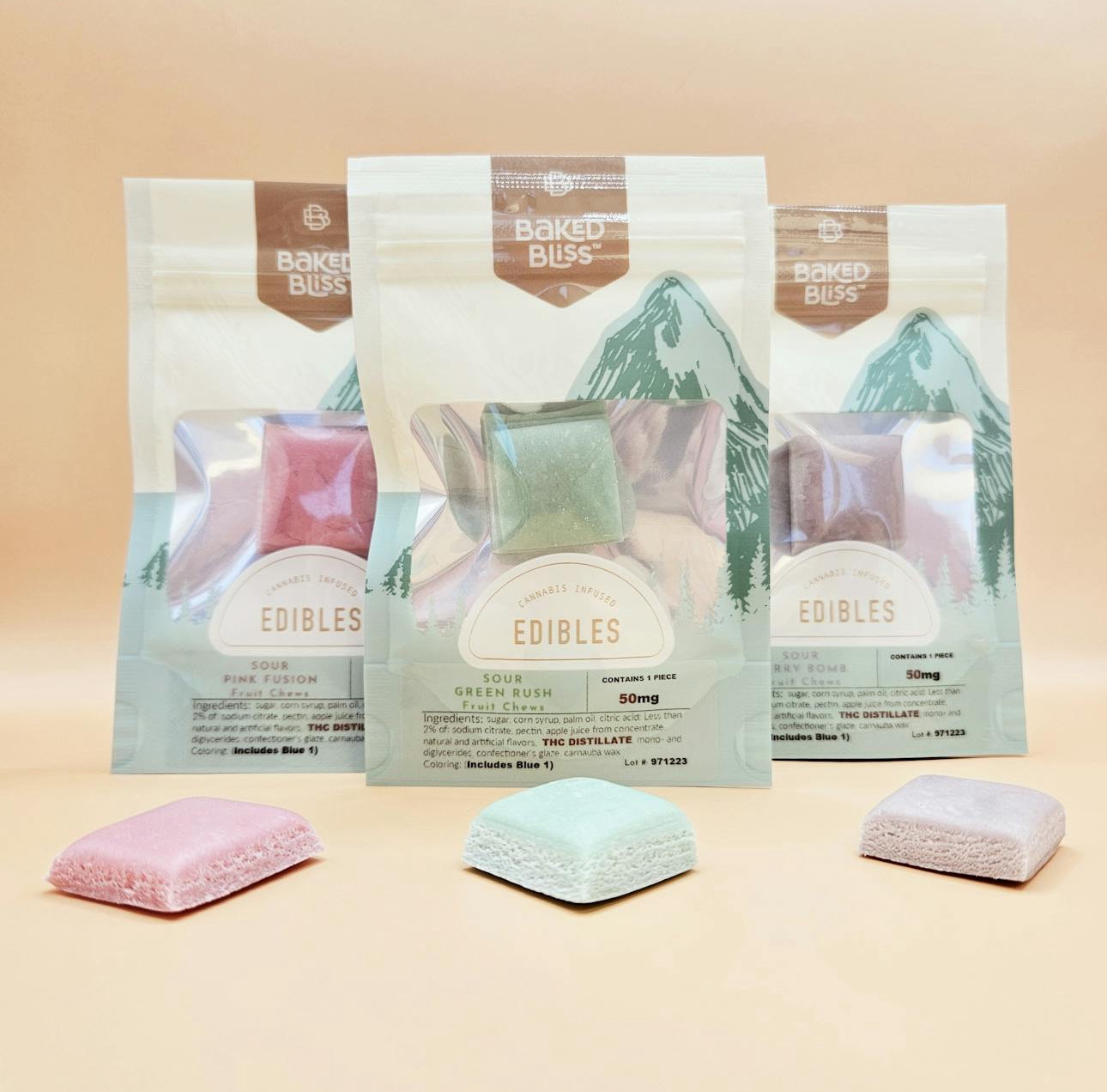 Photograph of product: Baked Bliss: 50mg Sour Pink Fusion Fruit Chew