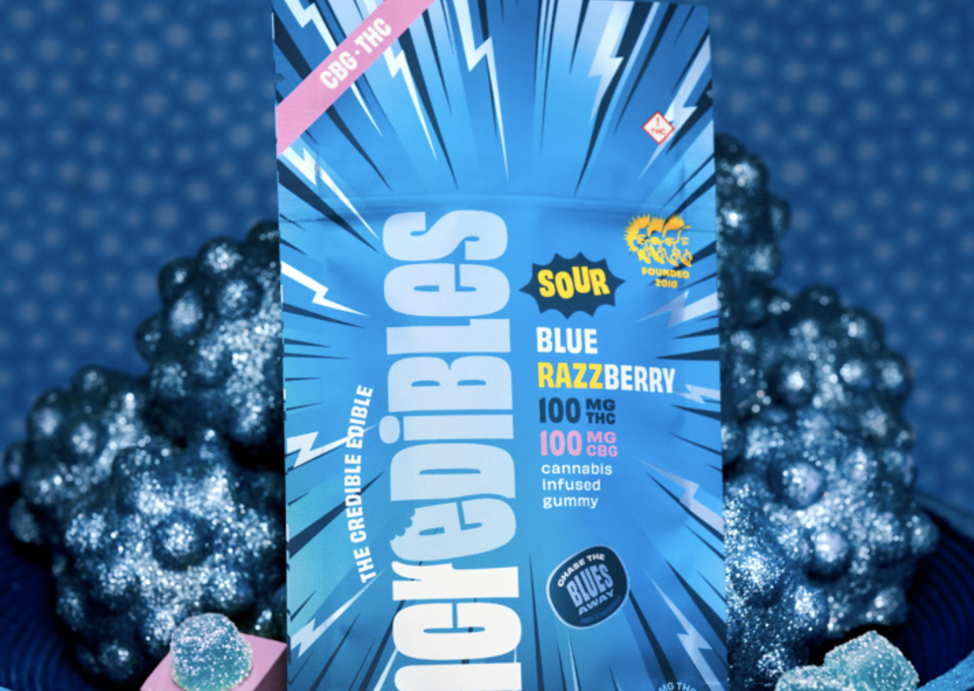 Photograph of product: Incredibles Gummy Sour Blue Razzberry 1:1 TH-oui:CBG