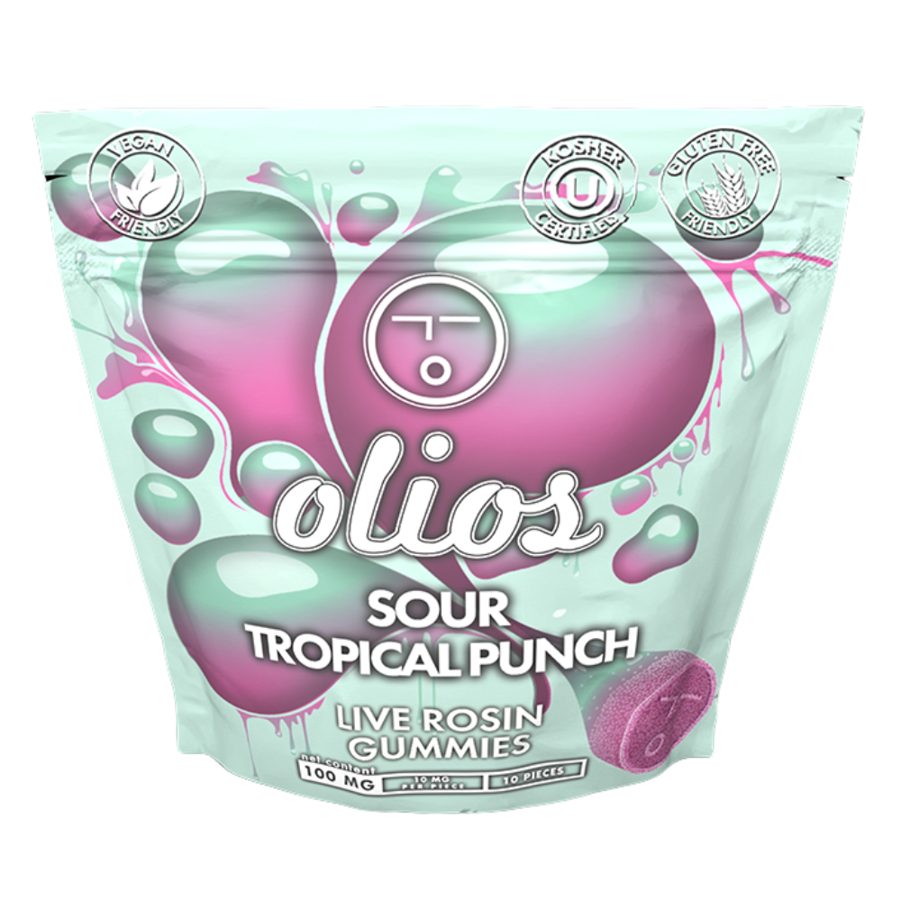 Photograph of product: Olio | Sour Tropical Punch | Gummies | Live Rosin | 10pk | 100mg