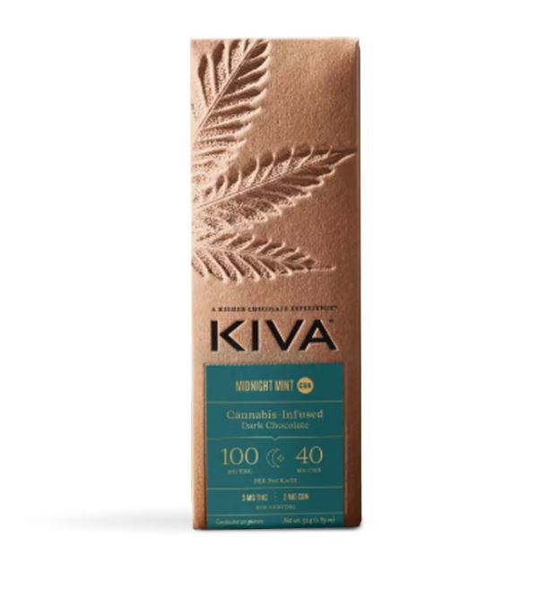 Photograph of product: Kiva Midnight Mint Dark 5:2 TH-oui:CBN Chocolate Bar 5mg 20pc