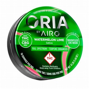 Photograph of product: Oria | Watermelon Lime Oui'd Live Resin TH-oui:CBG 2:1 Chews | 100mg