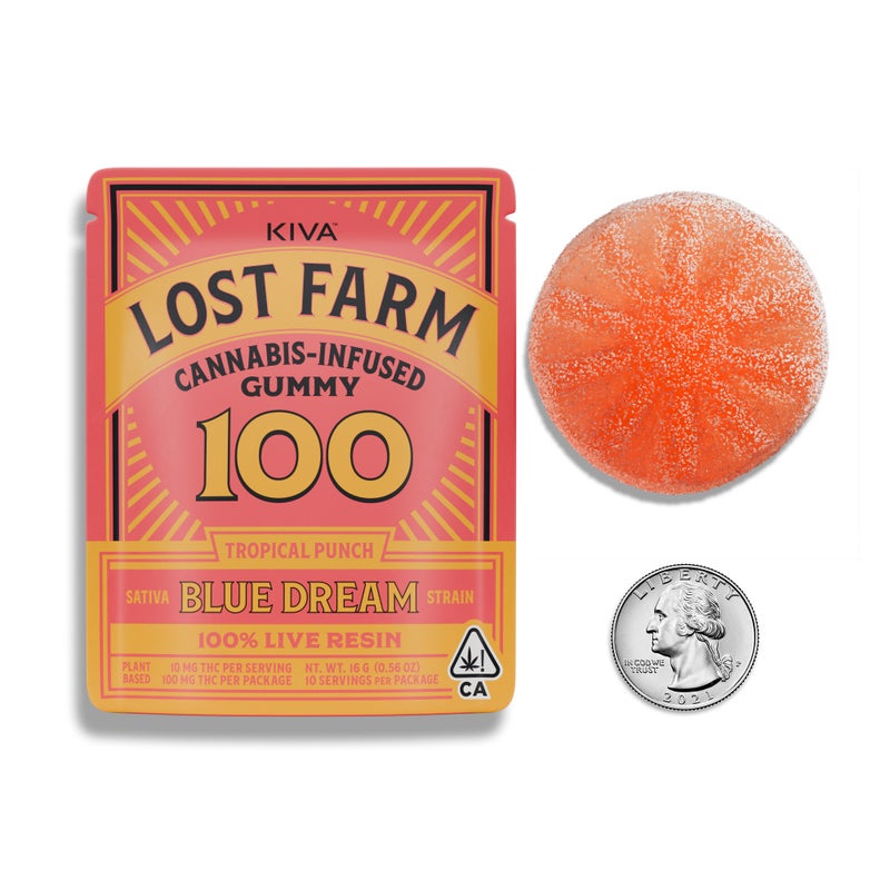 Photograph of product: TROPICAL PUNCH BLUE DREAM 100MG ONE PIECE LOST FARM LIVE RESIN GUMMY