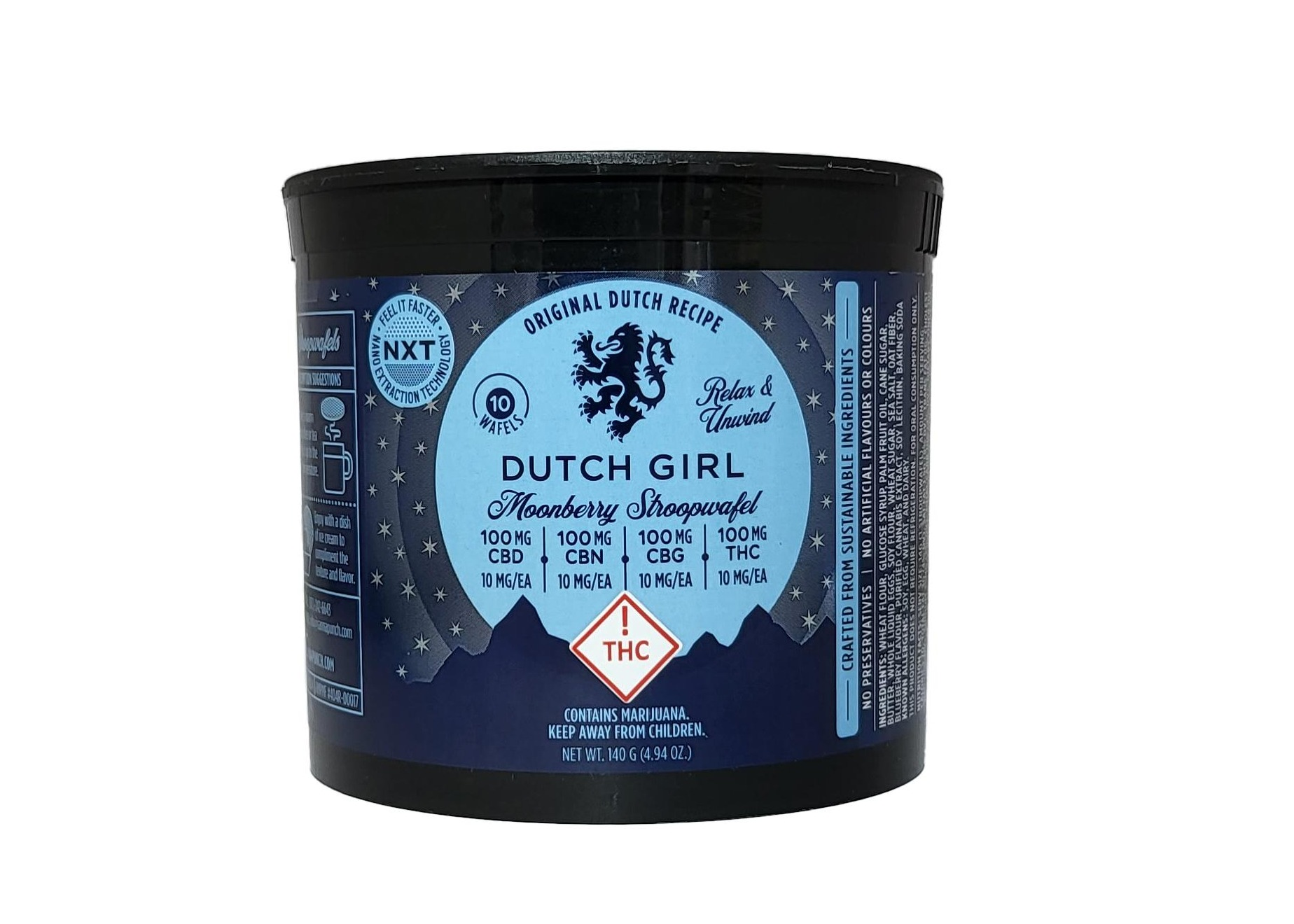 Photograph of product: Moonberry (I/H) - (1:1:1:1 CBD:CBN:CBG:TH-oui) - 100mg Stroopwafel - Dutch Girl