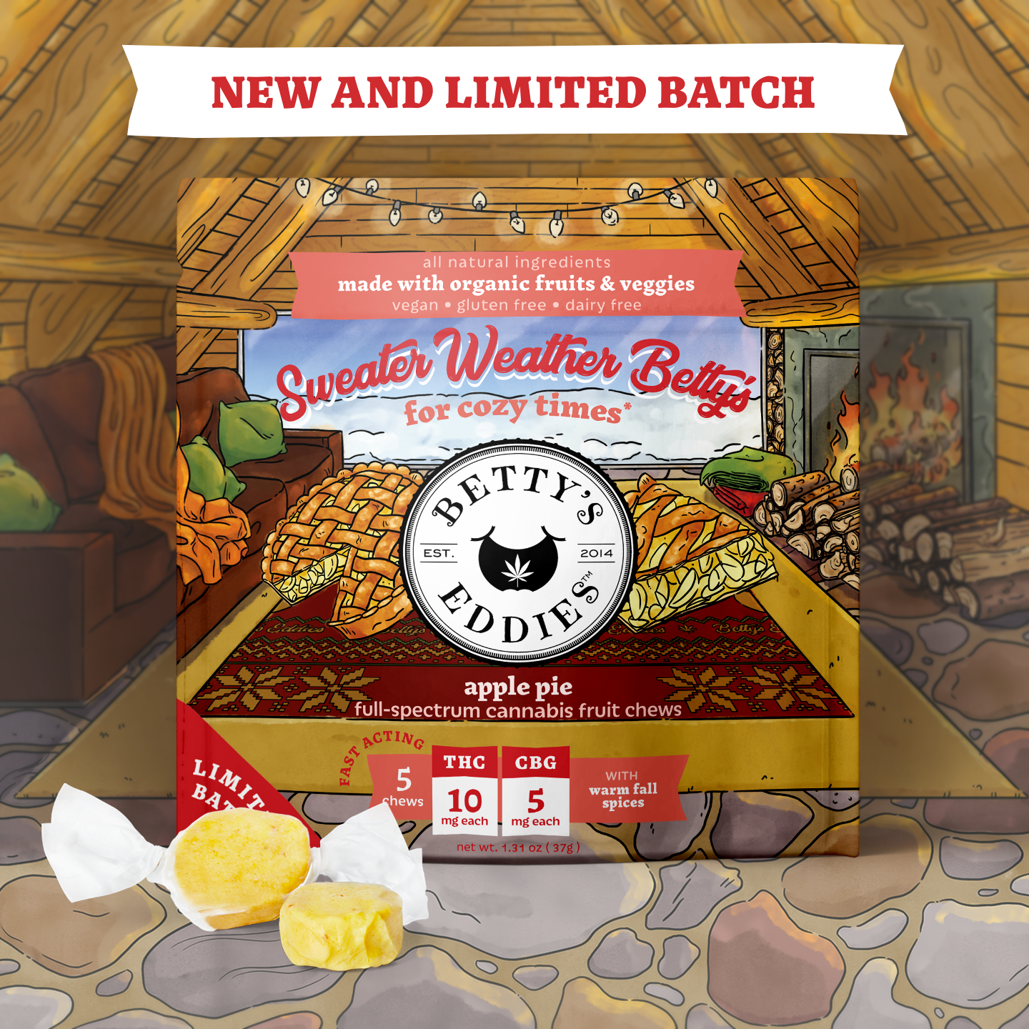 Photograph of product: MED ONLY - Betty's Eddies 40mg Apple Pie Sweater Weather Chews - 400mg TH-oui:50mg CBG
